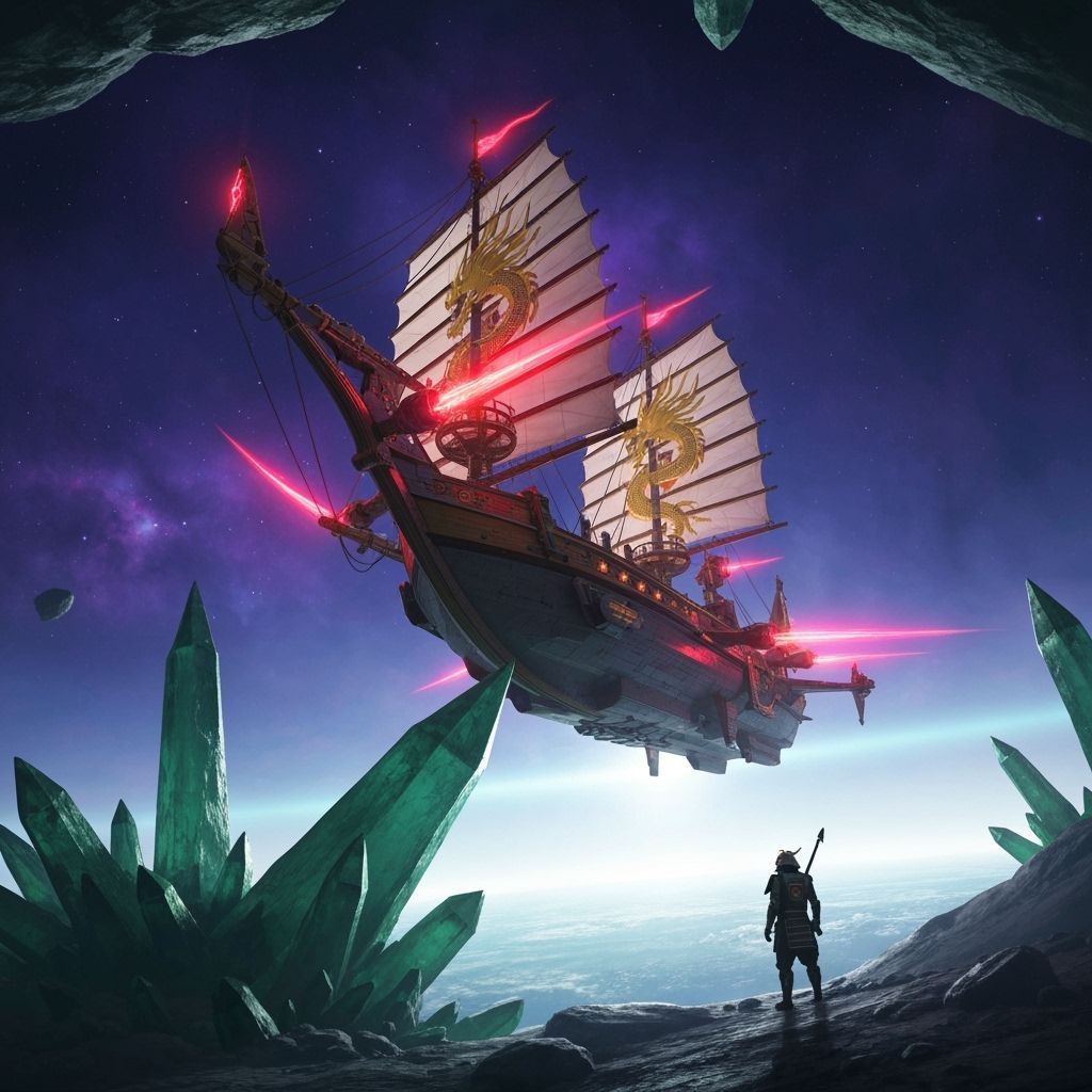 Interstellar Starship with Dragon Motifs Above Alien World