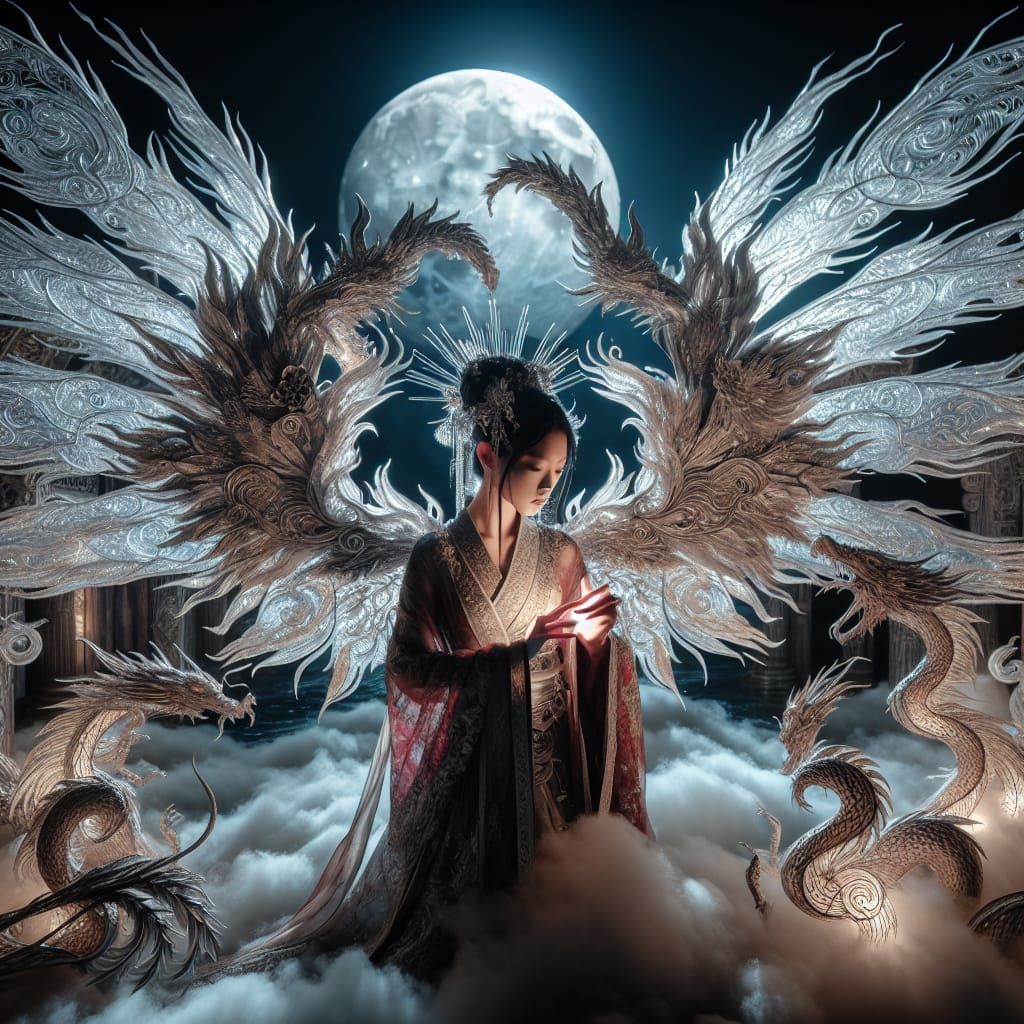 Dragon woman with delicate lightning wings with so much deta...