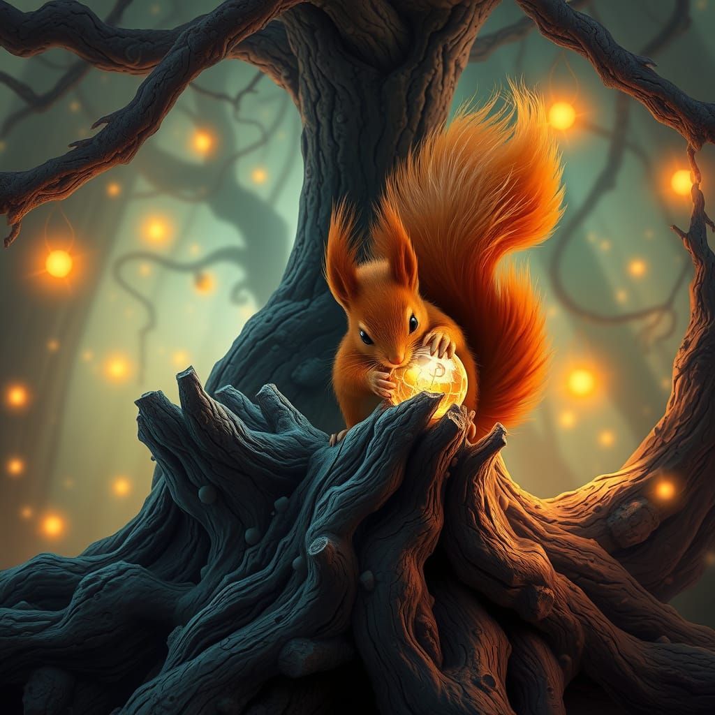 Vibrant Ginger Squirrel in a Whimsical Forest Scene