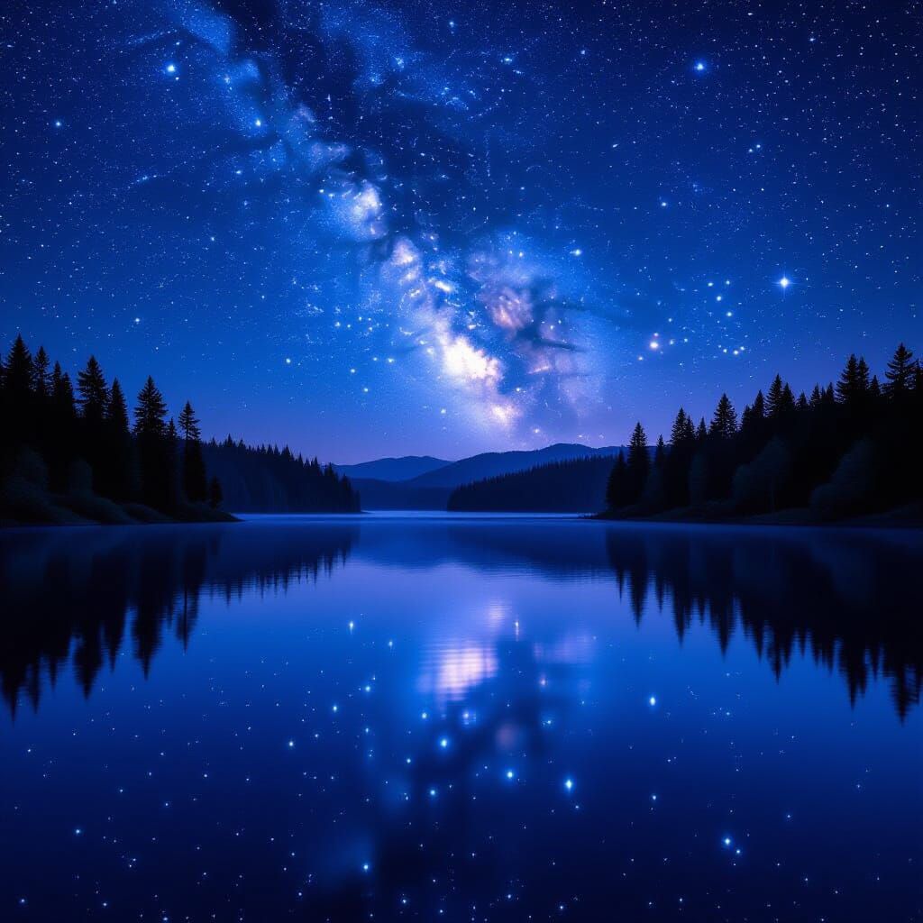 Serene Lake Reflects Starry Night Sky with Distant Angels