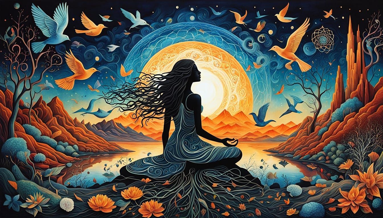 Surreal Cosmic Landscape with Kneeling Figure and Bio Art El...