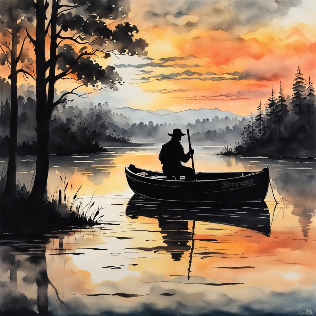 Moored Boat Silhouette on Misty Lake at Sunset