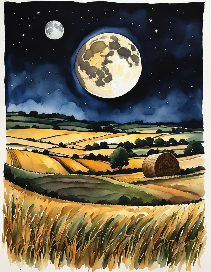 Watercolor Night Scene: Moonlit Cotswolds Cross-Section