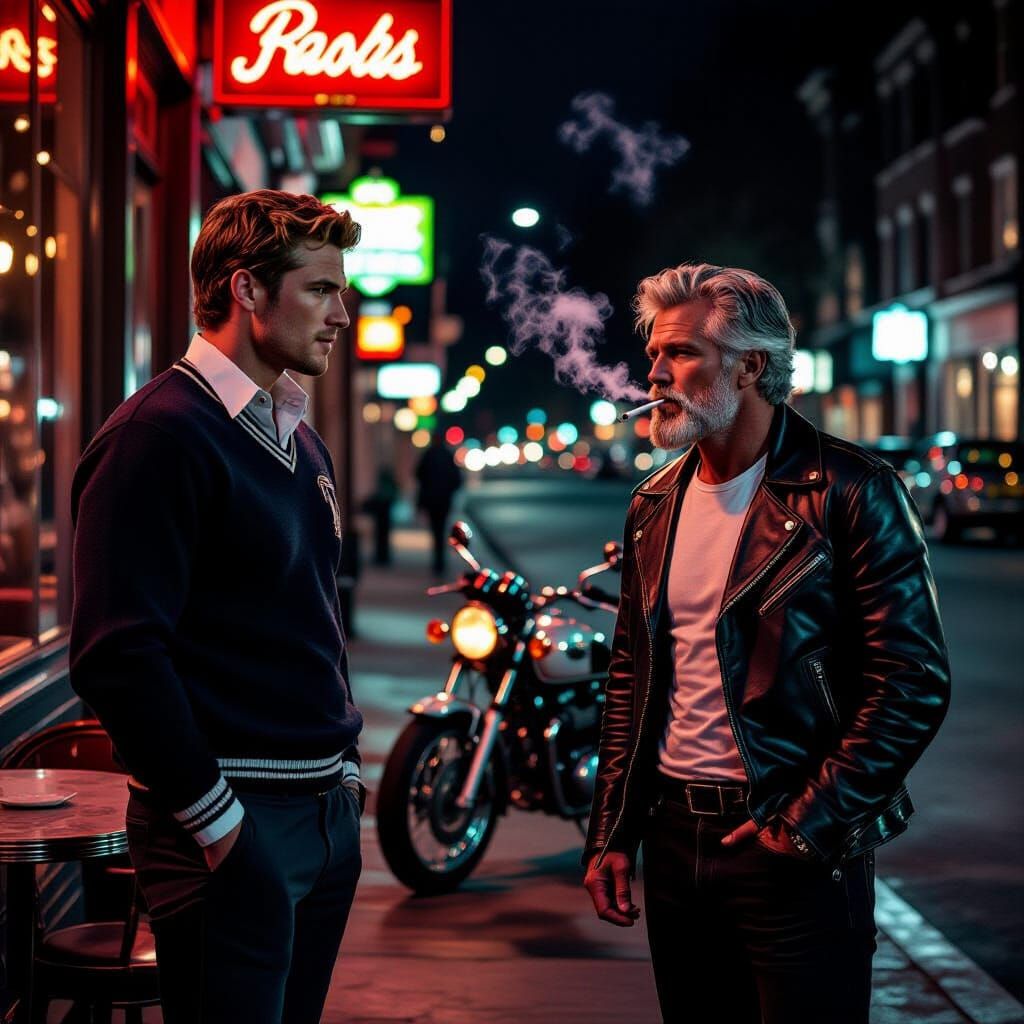 1950s Cafe Encounter: Youth Meets Rebel Motorcycle Rider