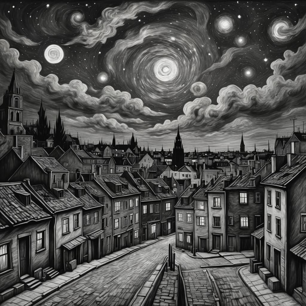 Night Sky Ghetto in Van Gogh Style Charcoal