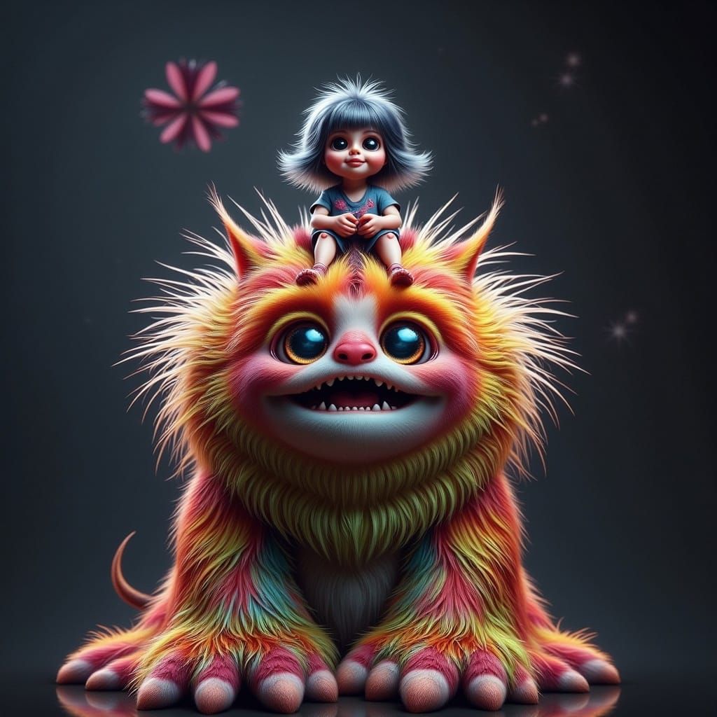 Cute Girl Sits on a Towering Fluffy Monster in Inkt Splatter...