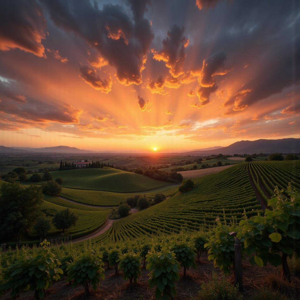 Italian Vineyard Sunset in Alien Baroque Style
