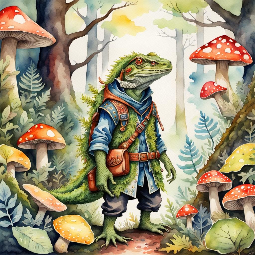 Lizardfolk Druid in Mushroom Forest Watercolor Painting