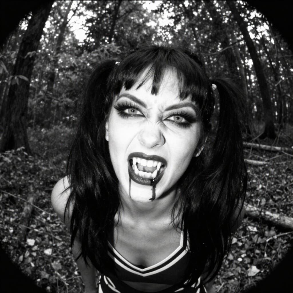 Terrifying Vampire Cheerleader in Fisheye Forest