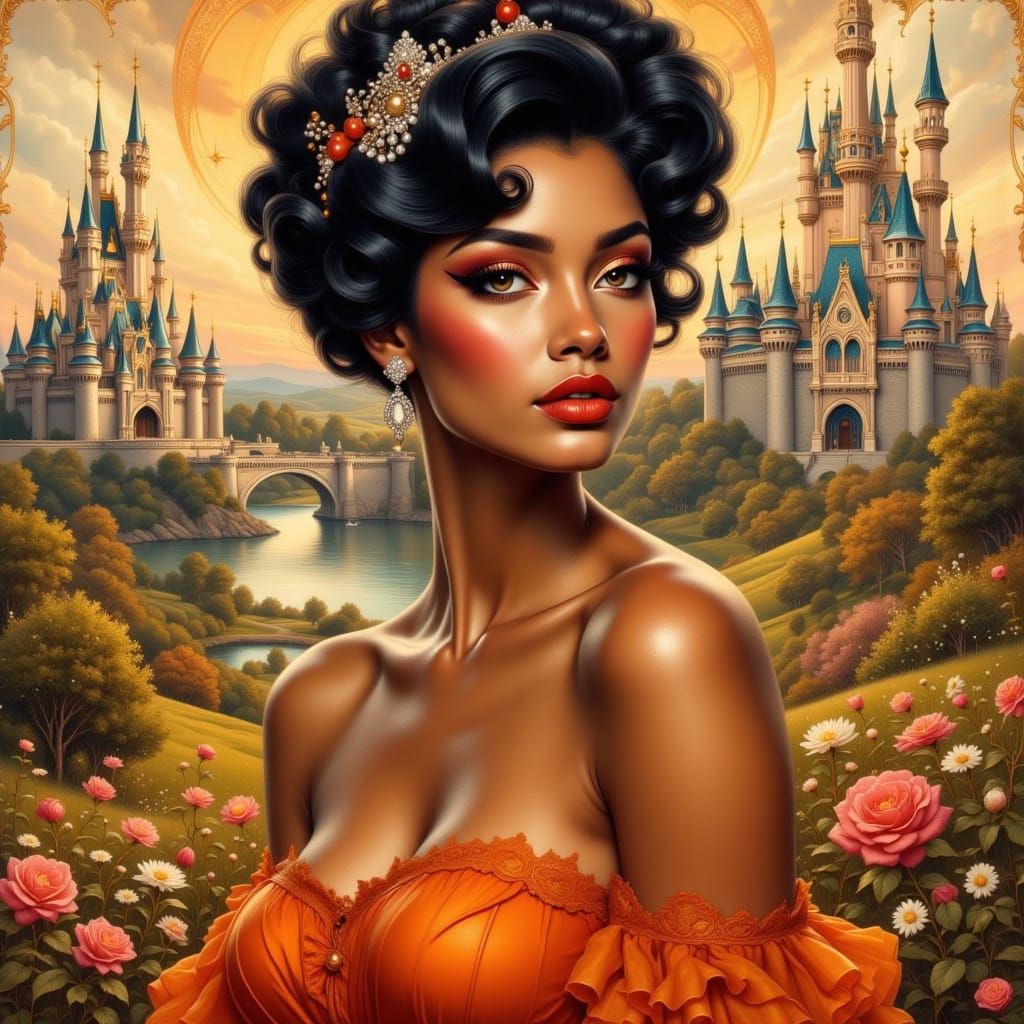 Art Nouveau Castle with Elegant Woman in Orange Gown
