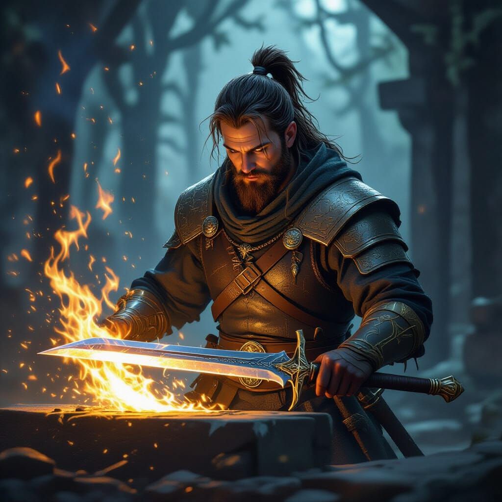 Magical Blacksmith Forging Elemental Swords