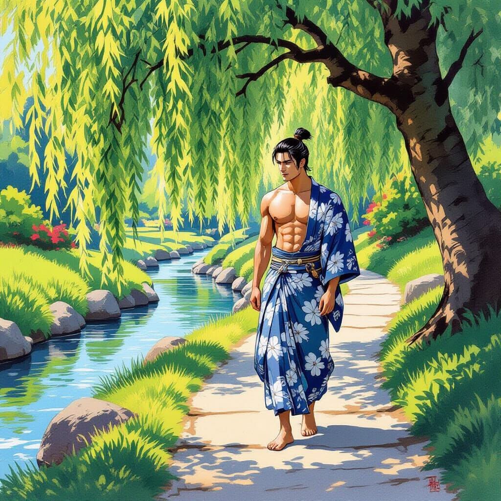 Japanese Man on Serene Path in Ukiyo-e Style