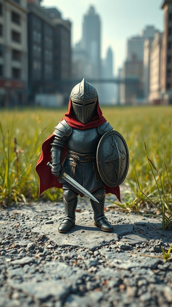 Miniature Knight in a Vast World: Photorealistic Image
