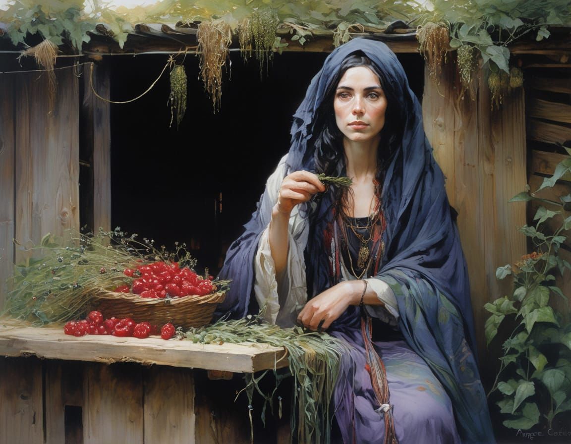 Sorceress Selling Herbs in an Oil Painting