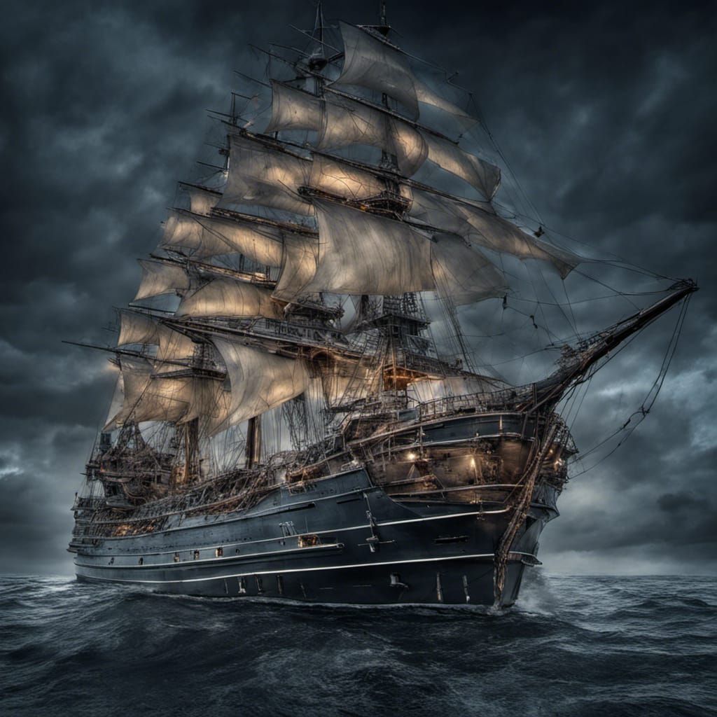 Hyperrealistic Warship Sailing Towards Polaris