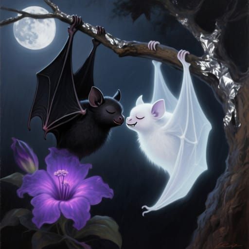Fruit Bats Embrace Under Bioluminescent Flower