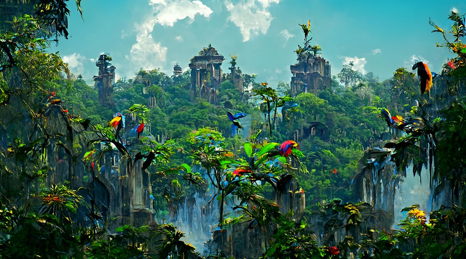 Enchanted Jungle Panorama with Stone Temples