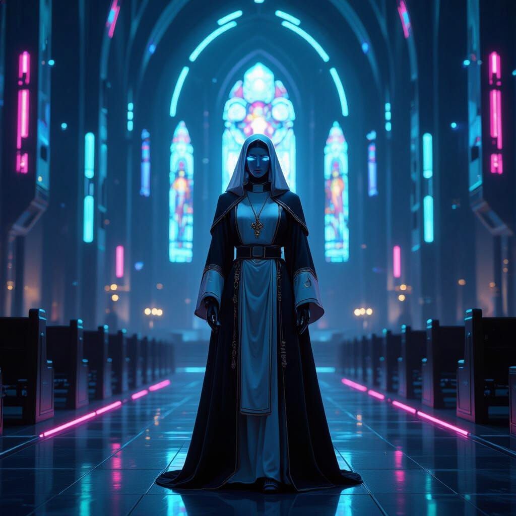 Cyberpunk Robot Priestess in Futuristic Cathedral