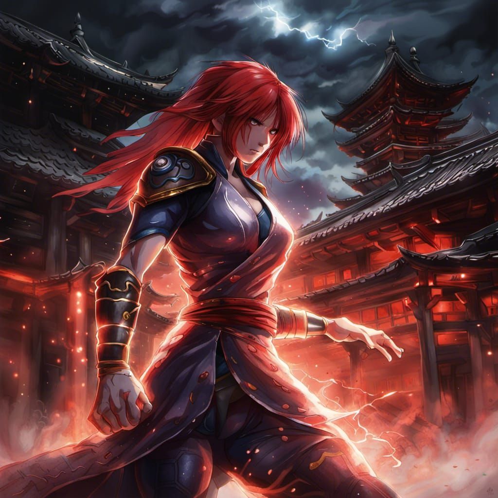 Red-Haired Girl in Anime Style with Raiden's Thunder