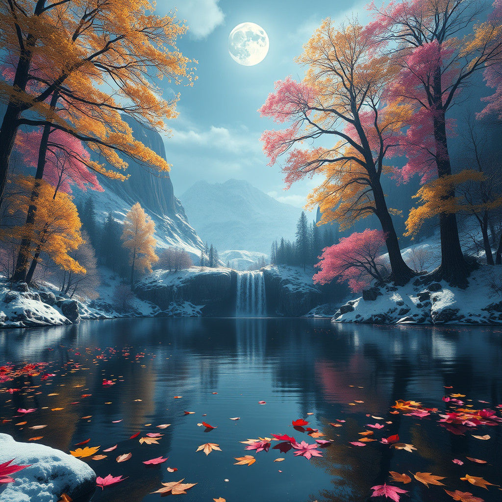 Snowy Lake Waterfall Under Moonlight: Fantasy Concept Art