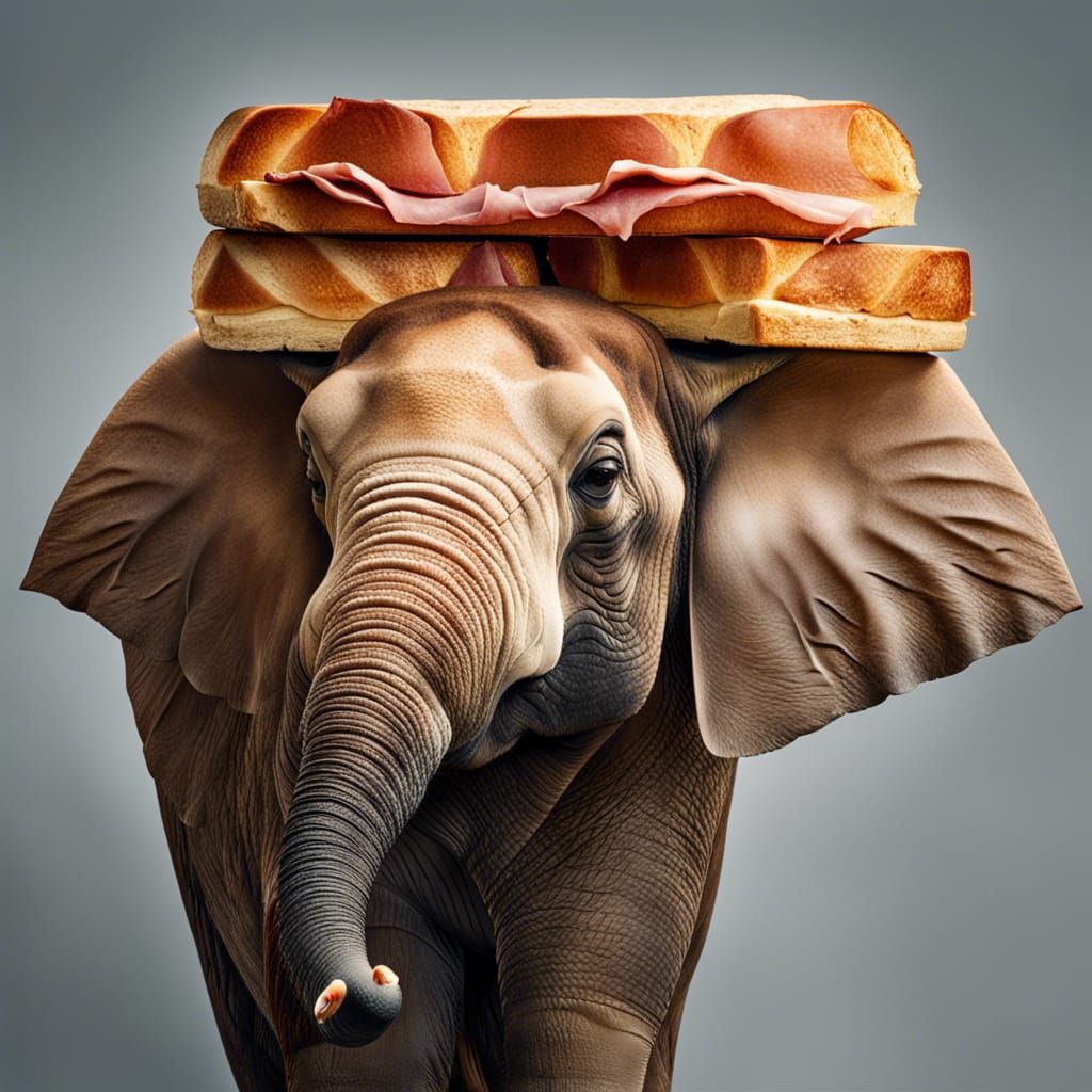 Elephant Portrait with Bread Ears and Ham Hat