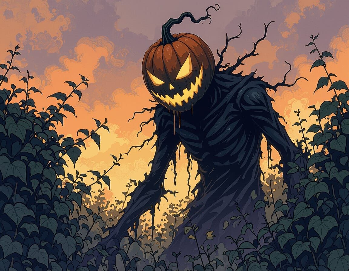 Eerie Pumpkinhead Creature Emerges from Twisted Vines