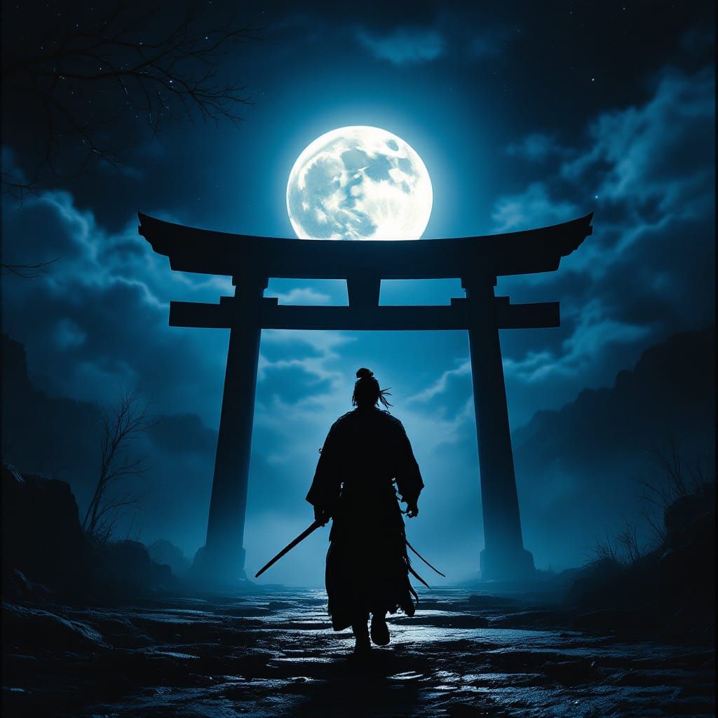 Ronin Walks to Torii Gate Under Moonlight