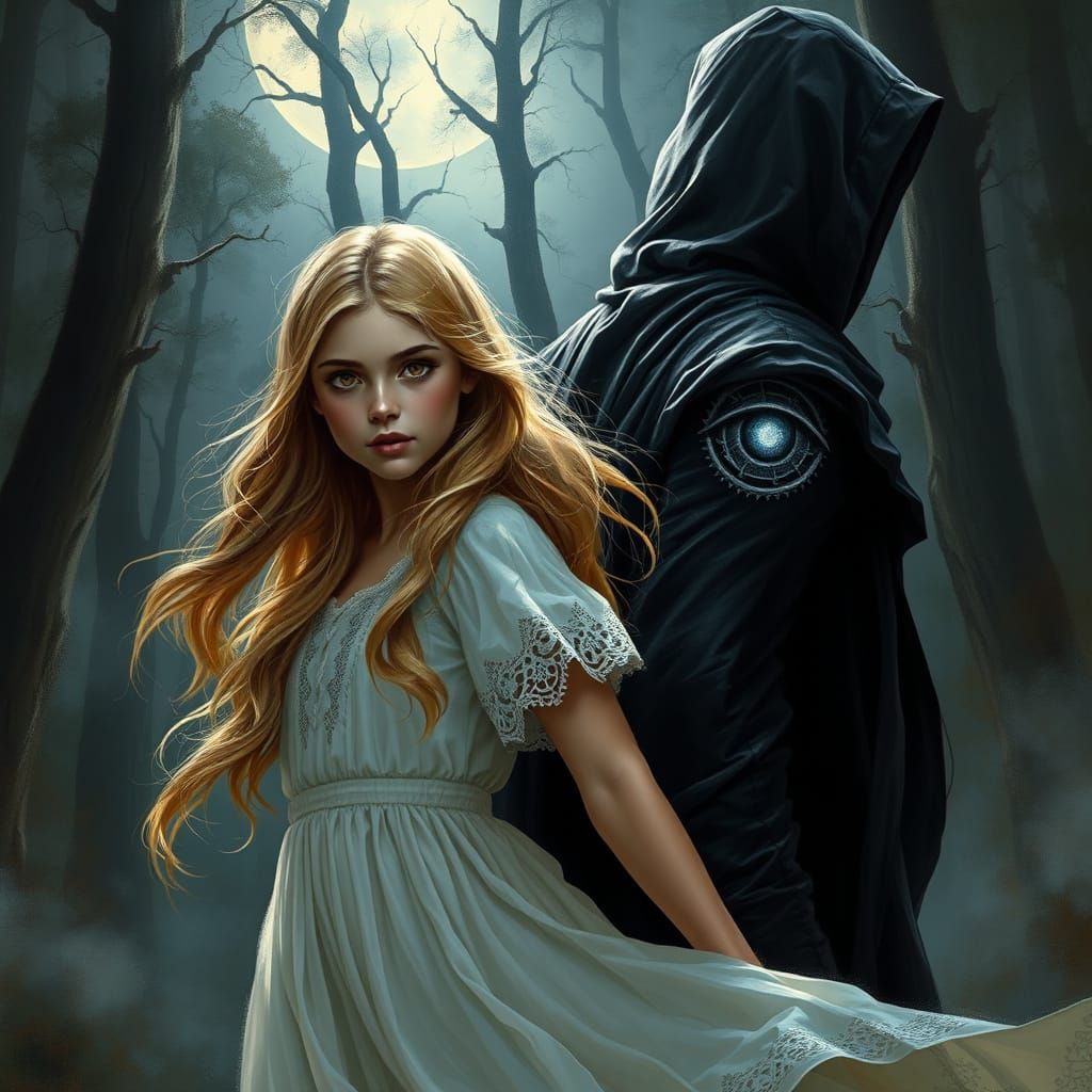 Brave Maiden Faces Dark Figure in Moonlit Forest