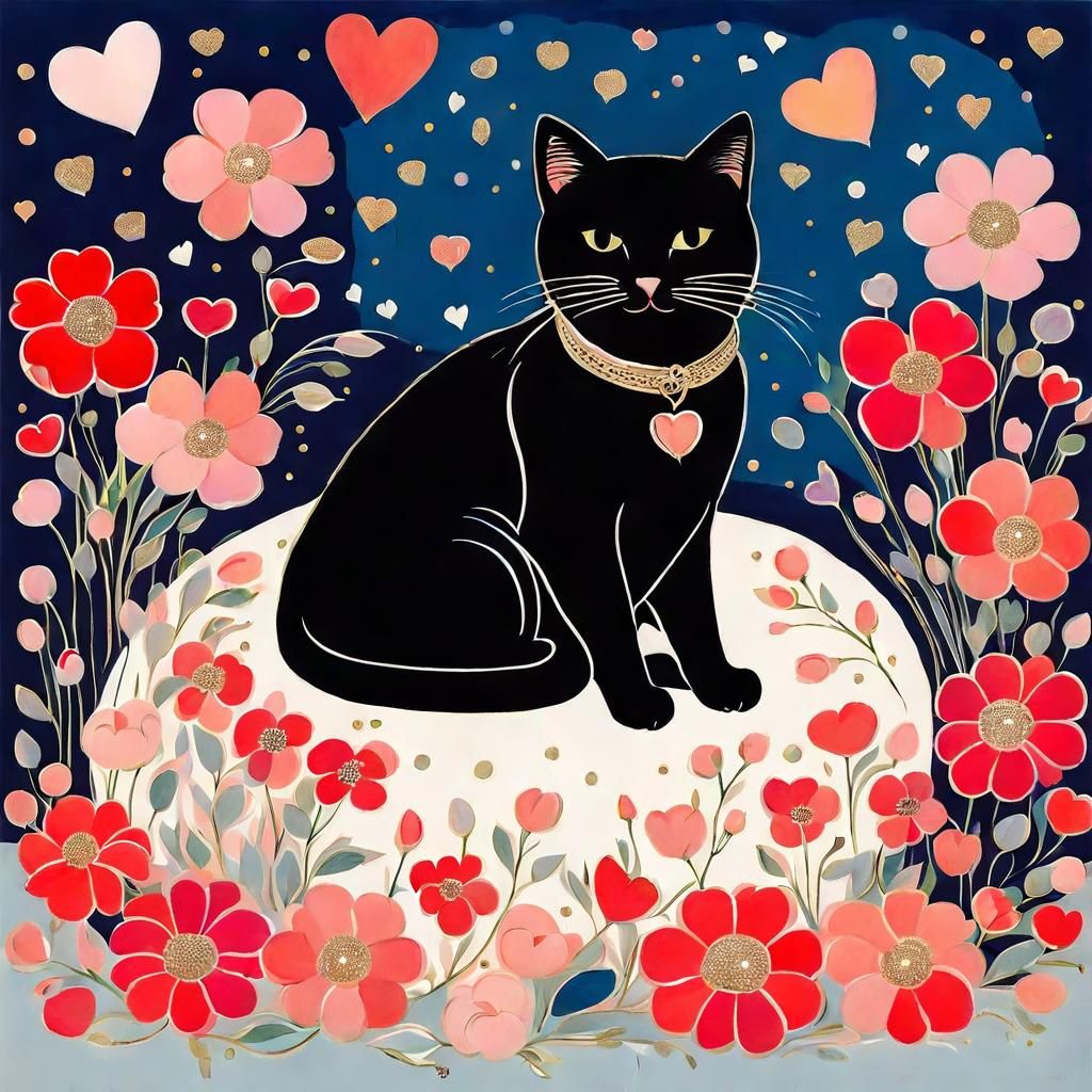 Cute Cat Surrounded by Flowers, Classical Portrait