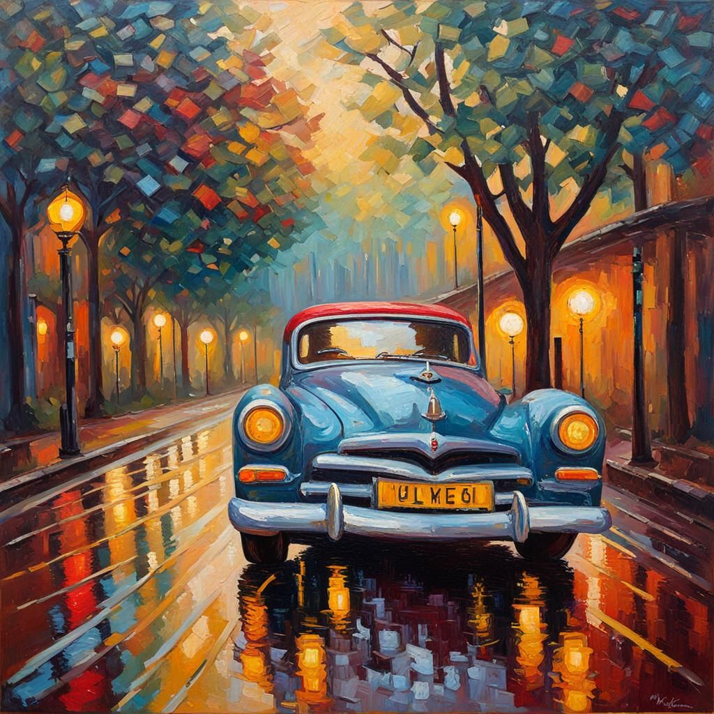 Vintage Car on Wet Road: Expressionist Oil Painting