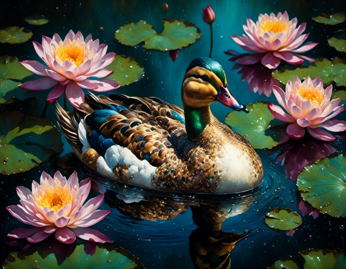Mandarin Duck in Lotus Pond: Impasto Gouache Style