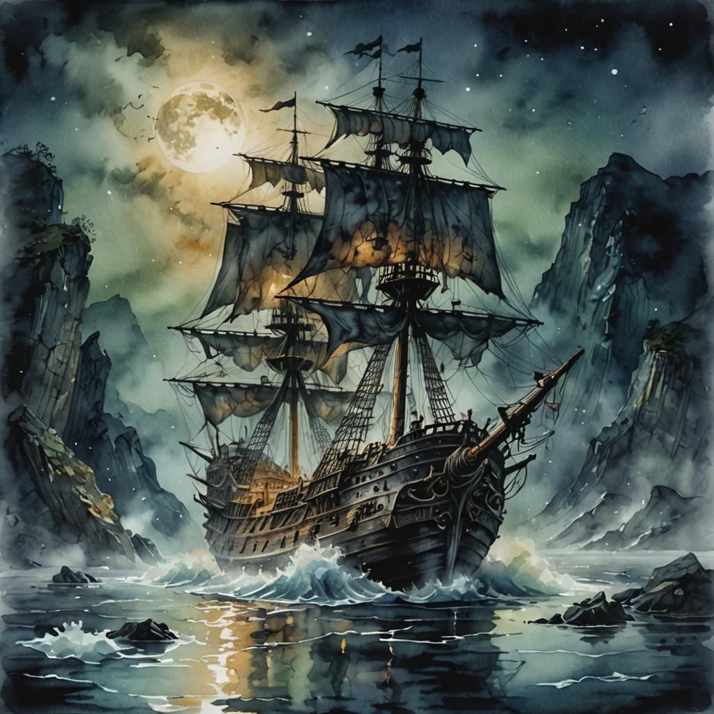 Haunted Pirate Ship Drifting in Fog, Watercolor Painting