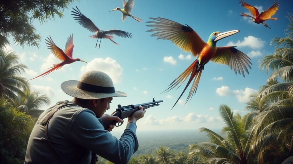 Parrots and Pterosaurs Soaring Over Amazon Volcano