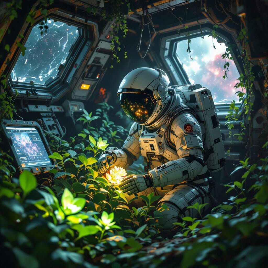 Astronaut's Bioluminescent Garden in Derelict Spaceship