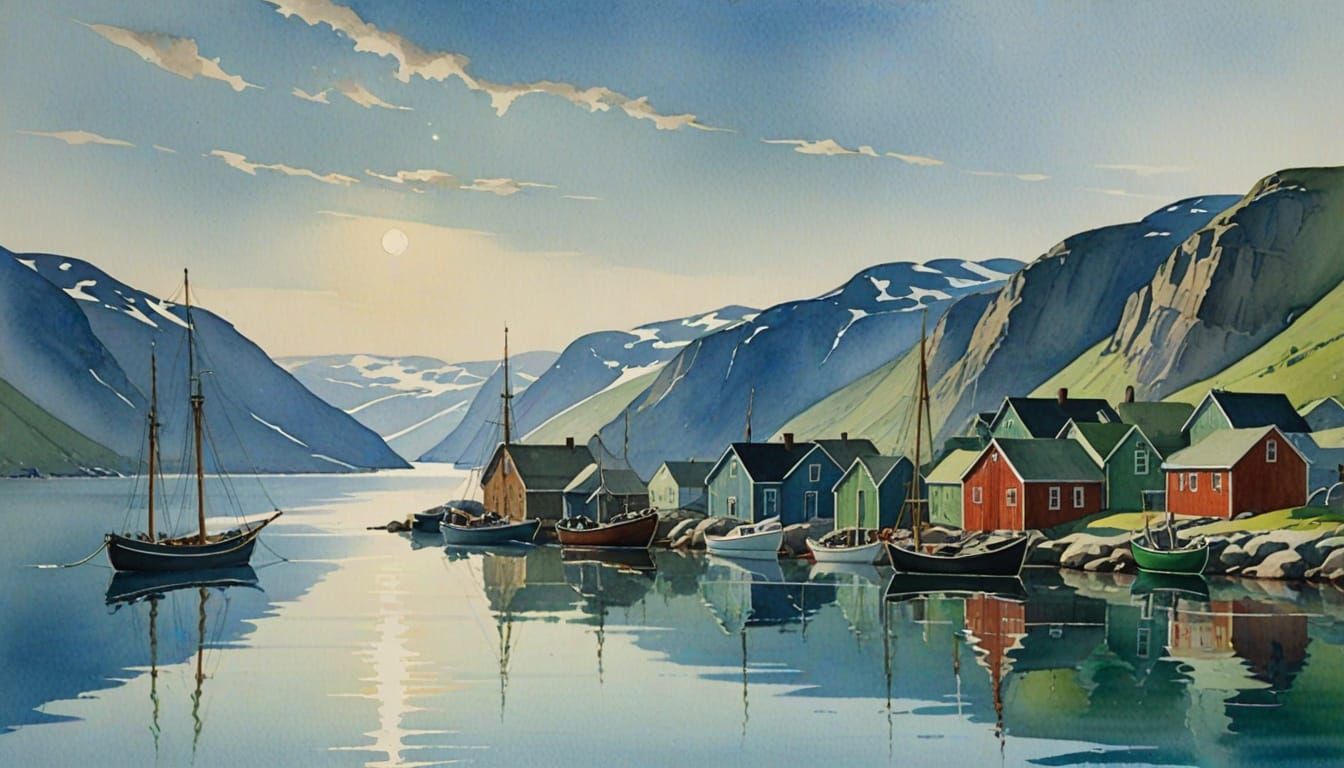 Serene Greenland Harbor Watercolor Landscape Painting