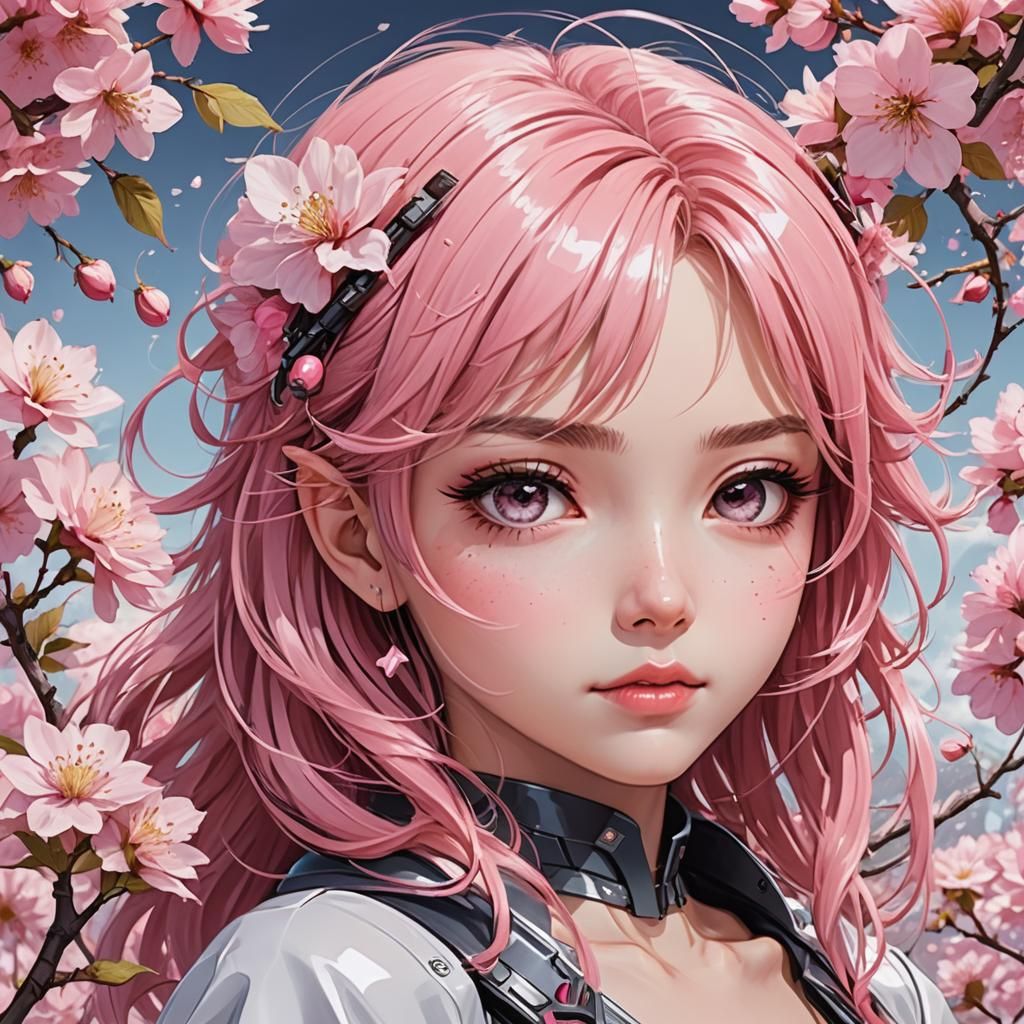 Futuristic Manga Girl with Cherry Blossom