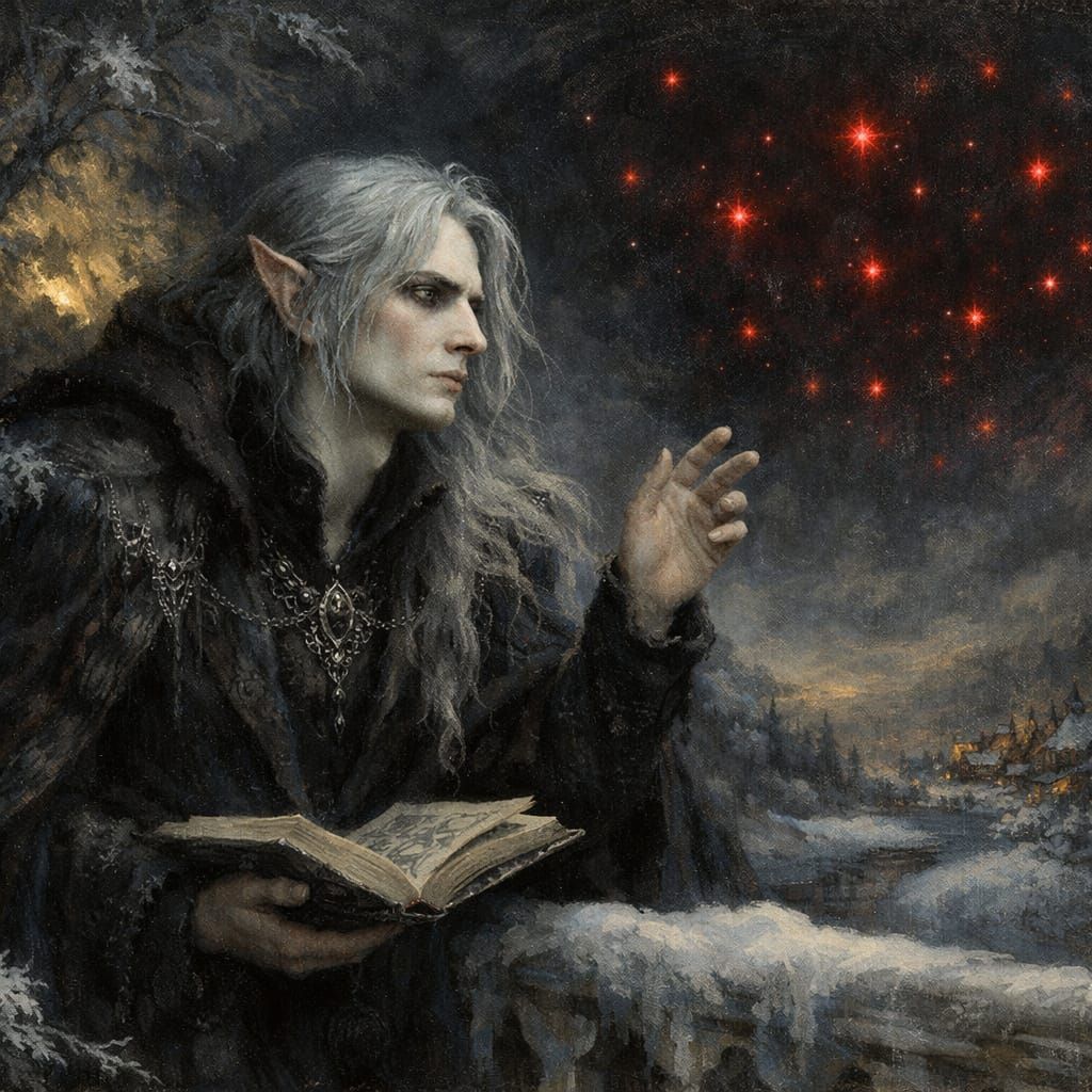 Ethereal Fey Man Observing Red Stars in Painterly Realism