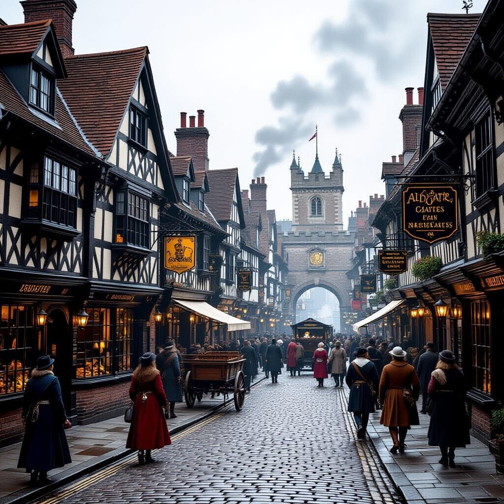 Bustling London Street Scene in Matte Painting Style