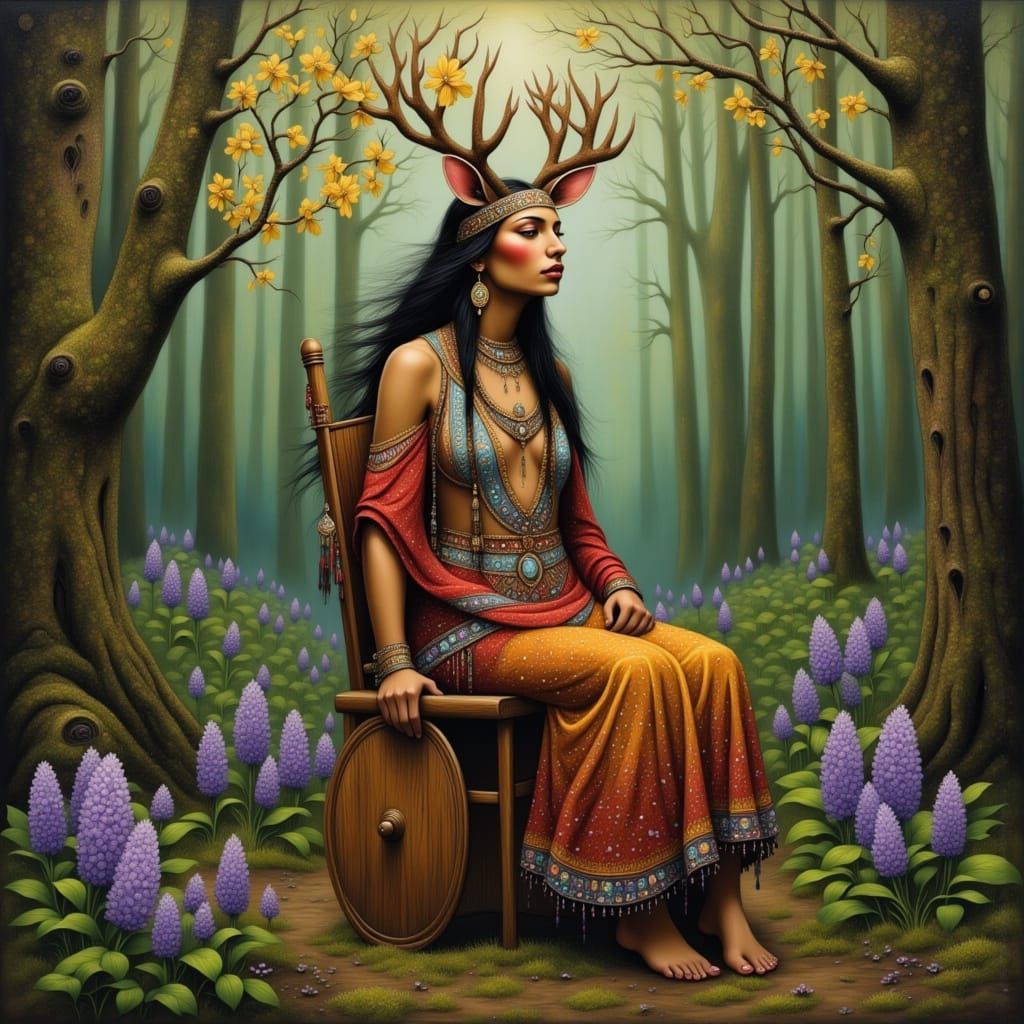 Chippewa Deer Woman in Carved Wheelchair in Michigan Forest