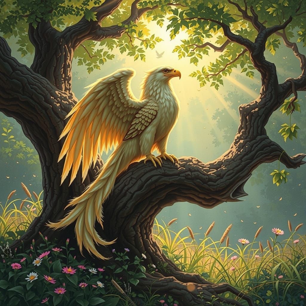 Golden Griffin in Mystical Forest, Fantasy Art