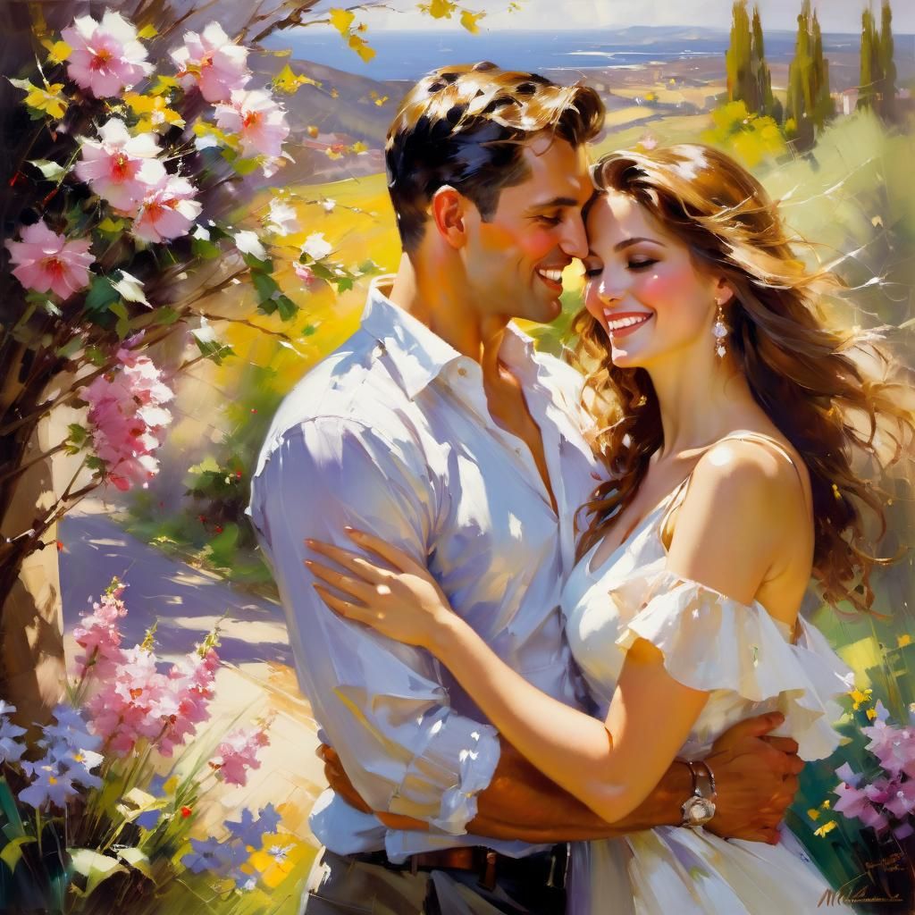 Couple Embrace in Spring: Impressionist Style