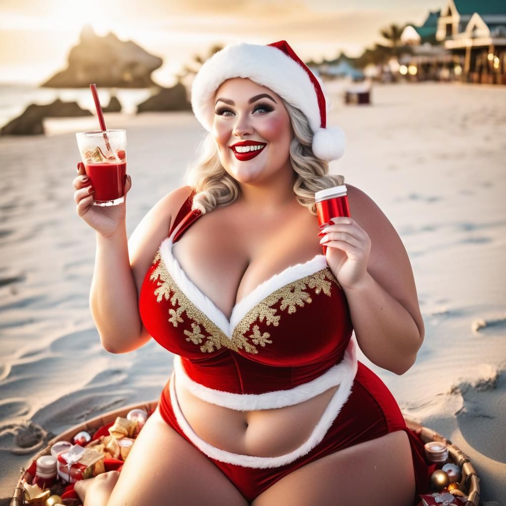 Curvy Mrs. Claus Relaxing on a Christmas Beach