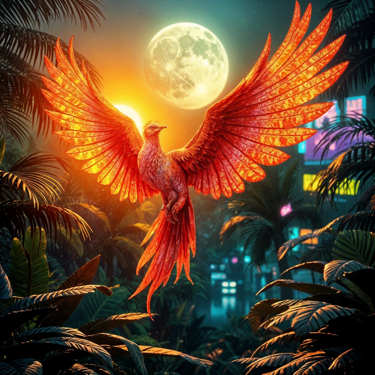 Fiery Phoenix in an Alien Space Garden