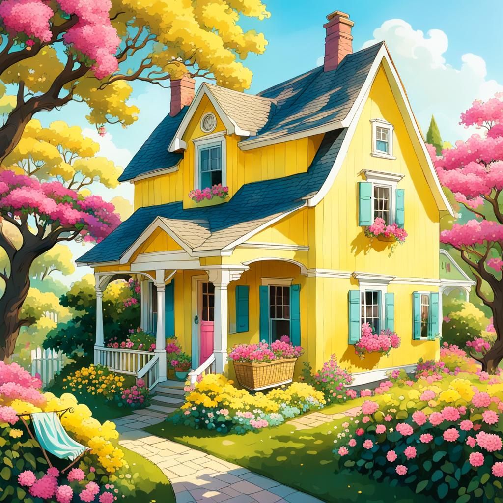 Old yellow house, with flowers on the porch, surrounded by flowers, two cheerful trees with a low pole connecting the tw...
