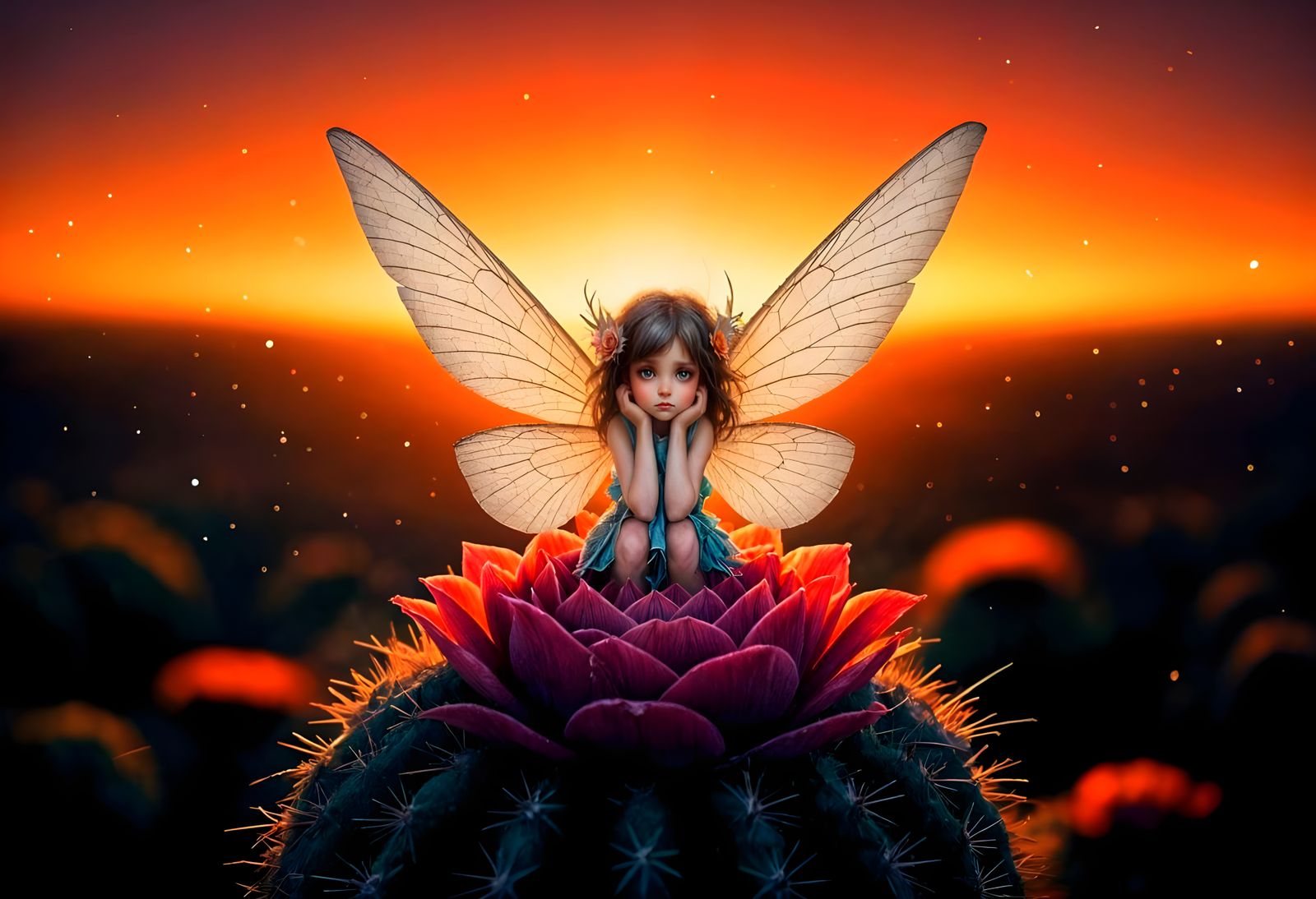 Whimsical Fairy in Sunset Oasis