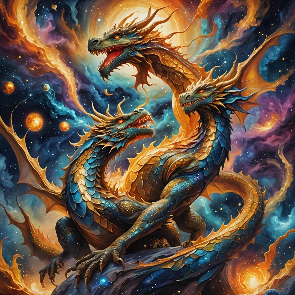 Celestial Dragons Navigating Stars: Cosmic Oil Painting