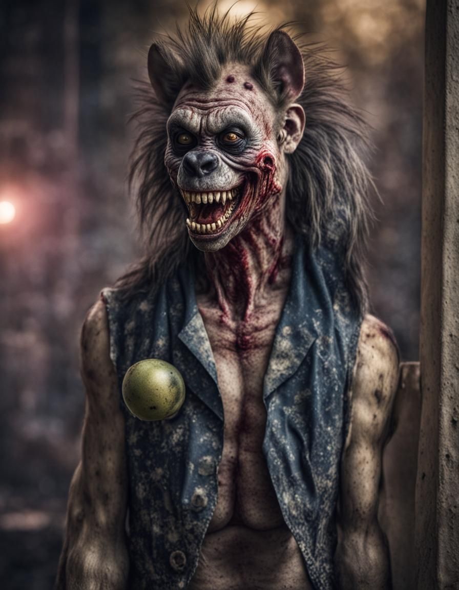 Hyperrealistic Zombie Monkey Clown Hybrid Creature