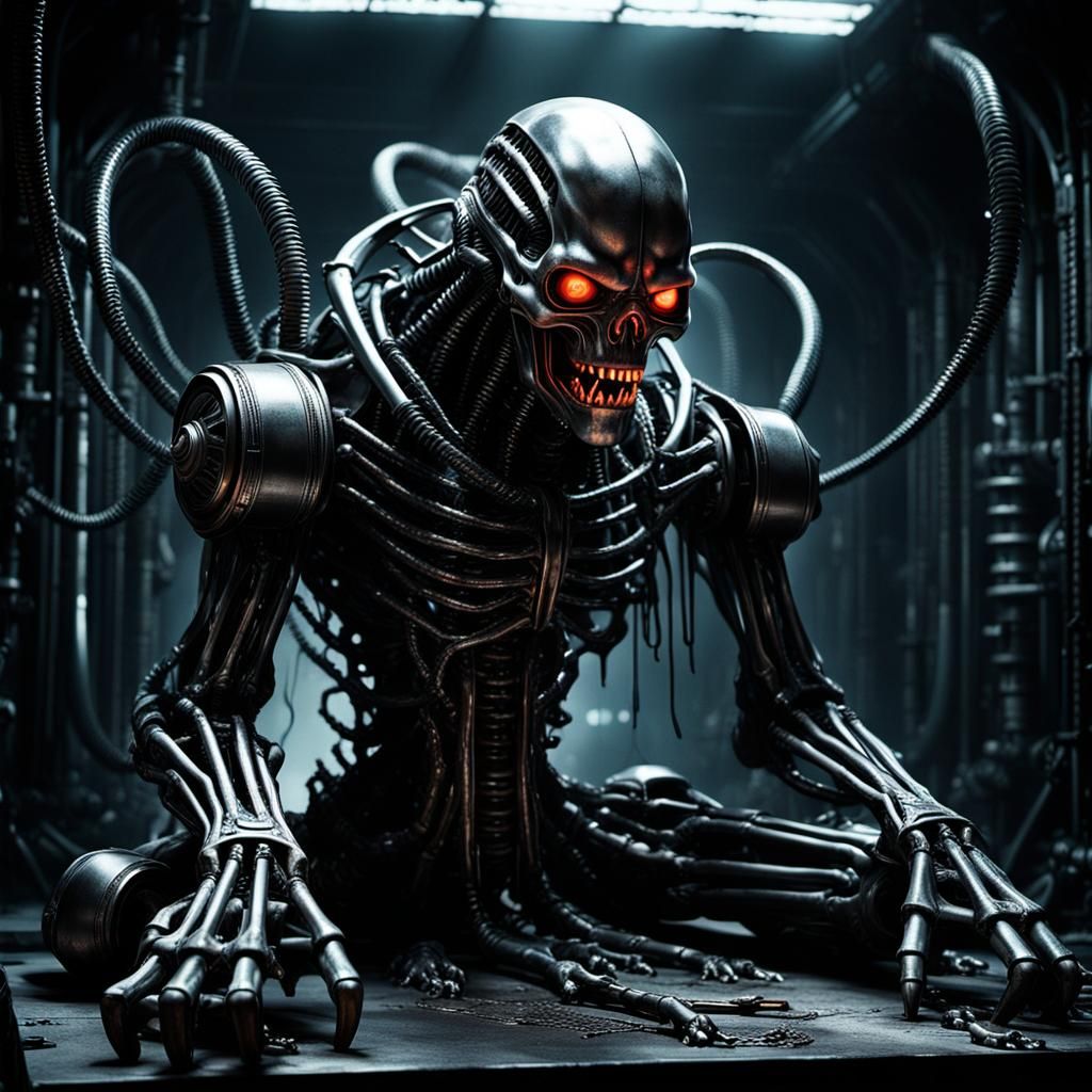 Biomechanical Nightmare: Cybernetic Creature in Agony