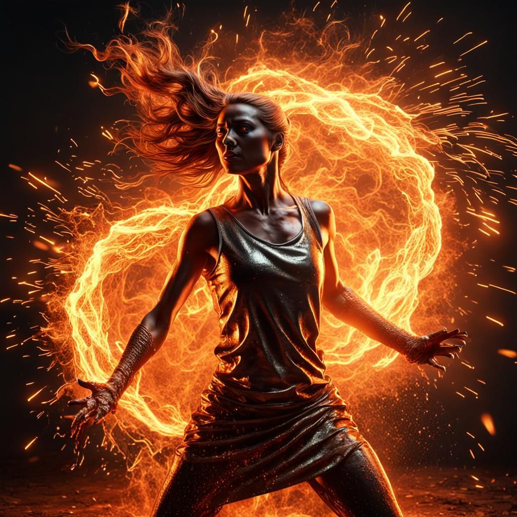 Dramatic Molten Metal Dancer in Fiery Light