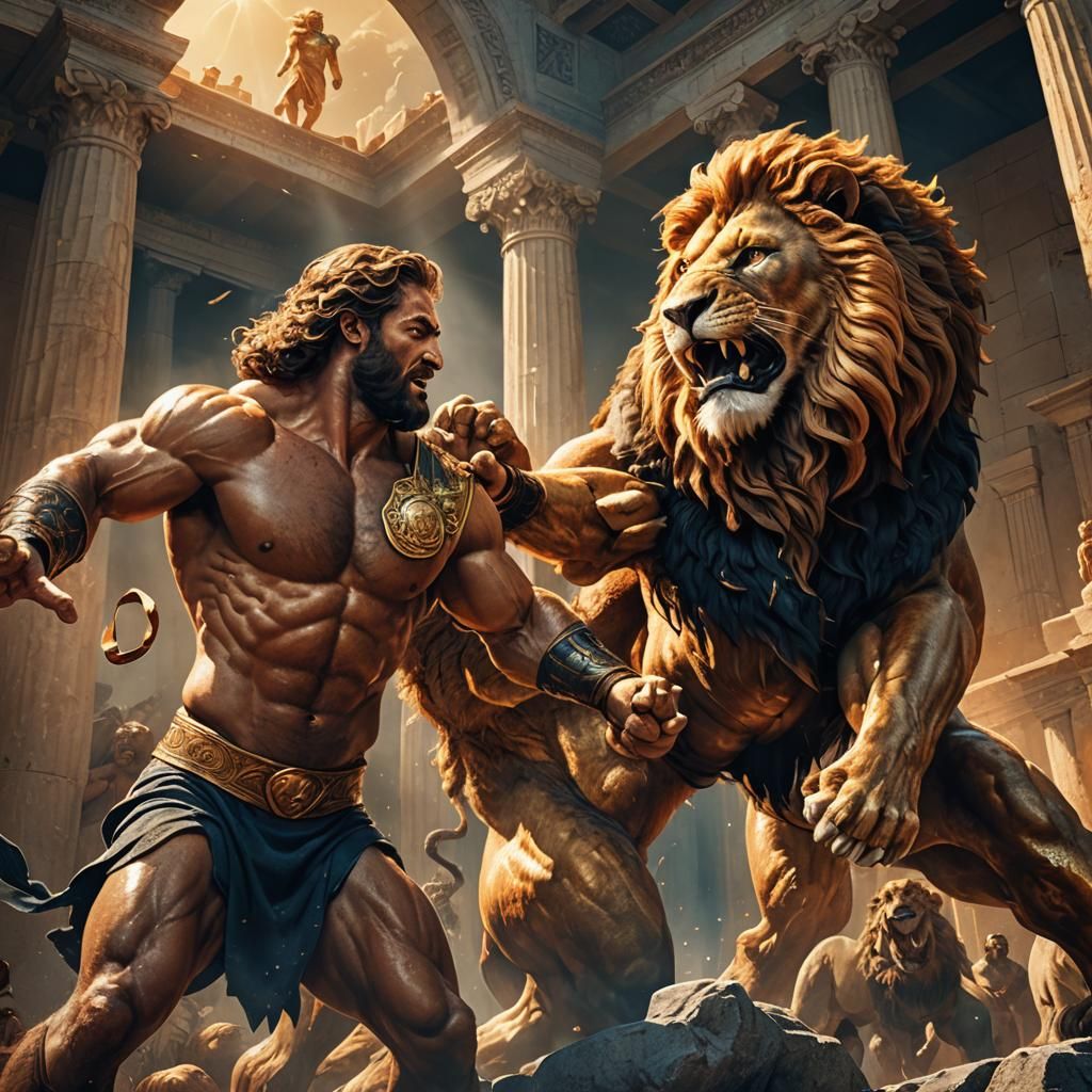 Hercules Wrestles Lion: Hyper-Realistic Digital Art